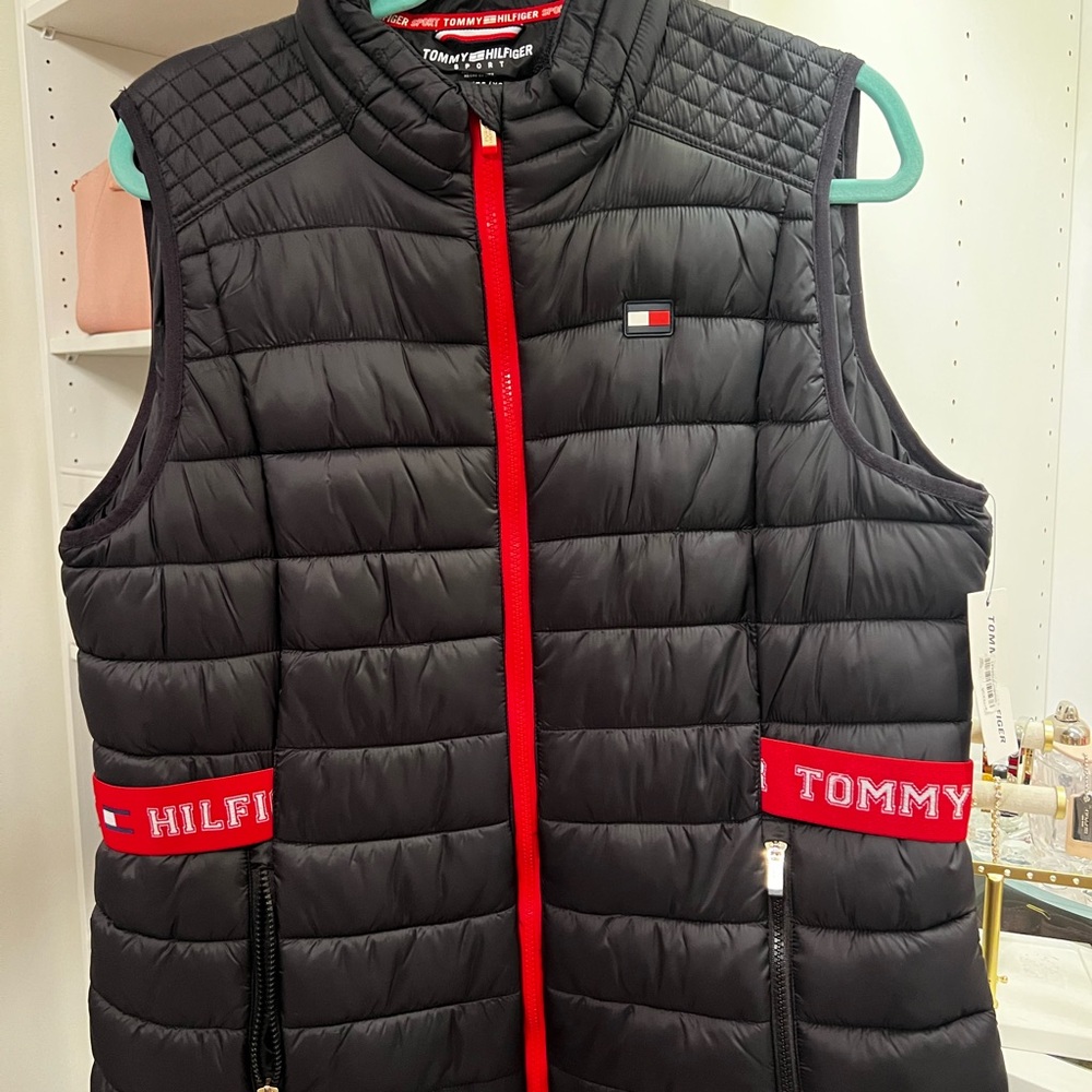 Tommy Hilfiger Sport Black Puffer Vest with Red Logo Trim
